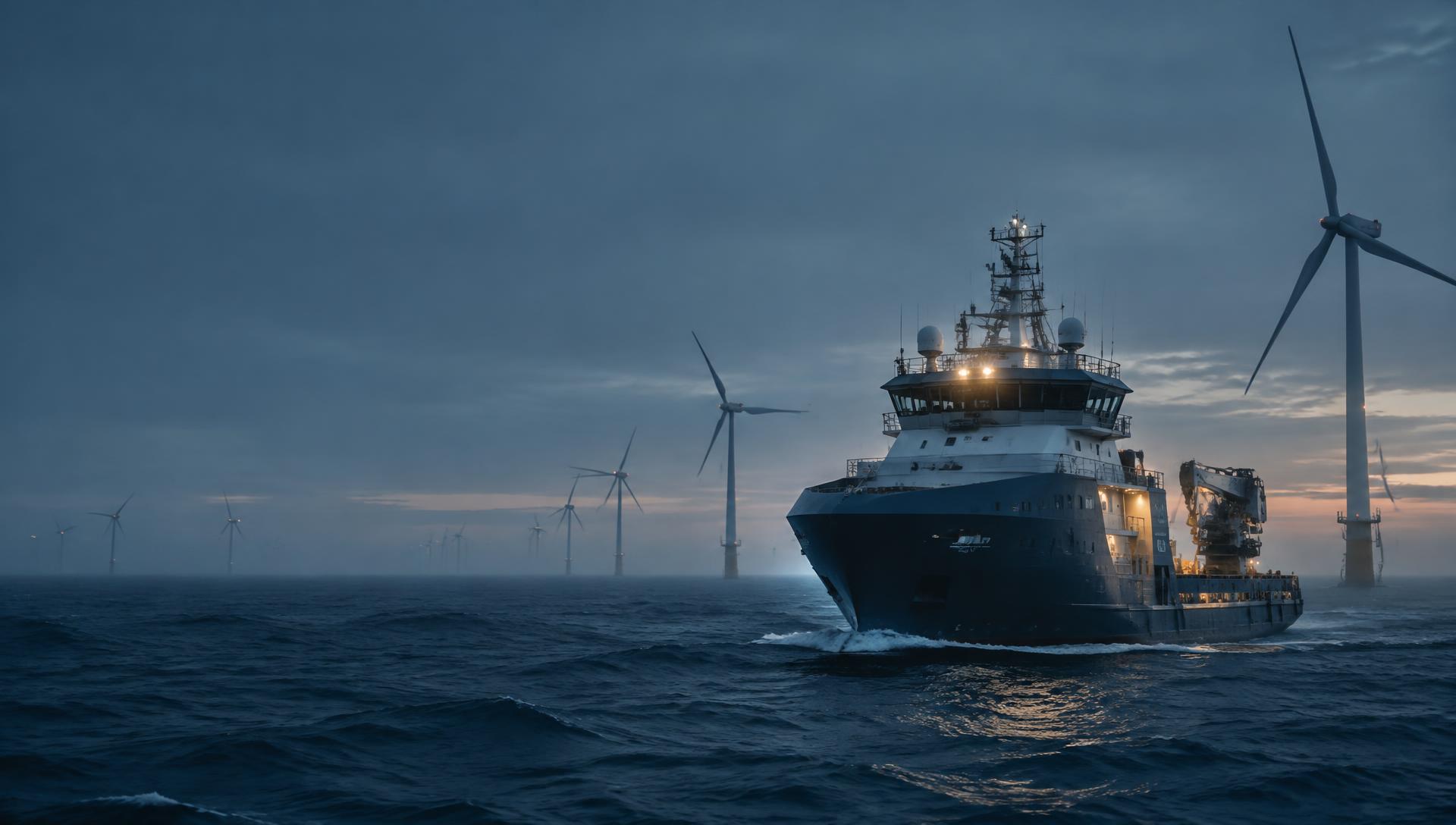 Service vessel in a North Sea offshore wind farm at dusk